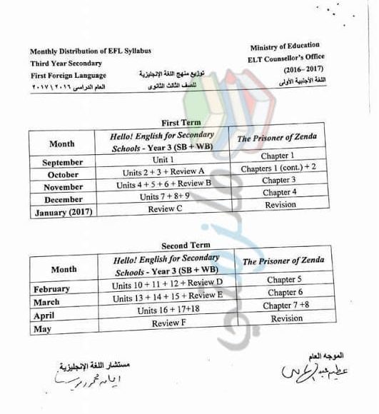 توزيع منهج اللغة الانجليزية للصف الأول الثانوي 2017