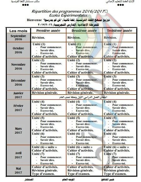 توزيع منهج اللغة الفرنسية للمرحلة الإعدادية (المدارس التجريبية) 2017