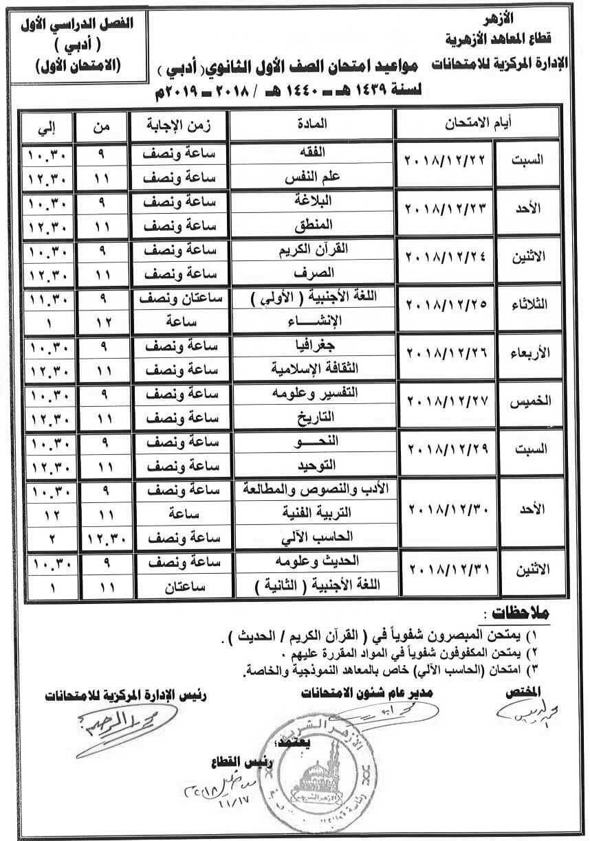 جدول امتحانات الازهر الصف الأول الثانوي 2018/2019