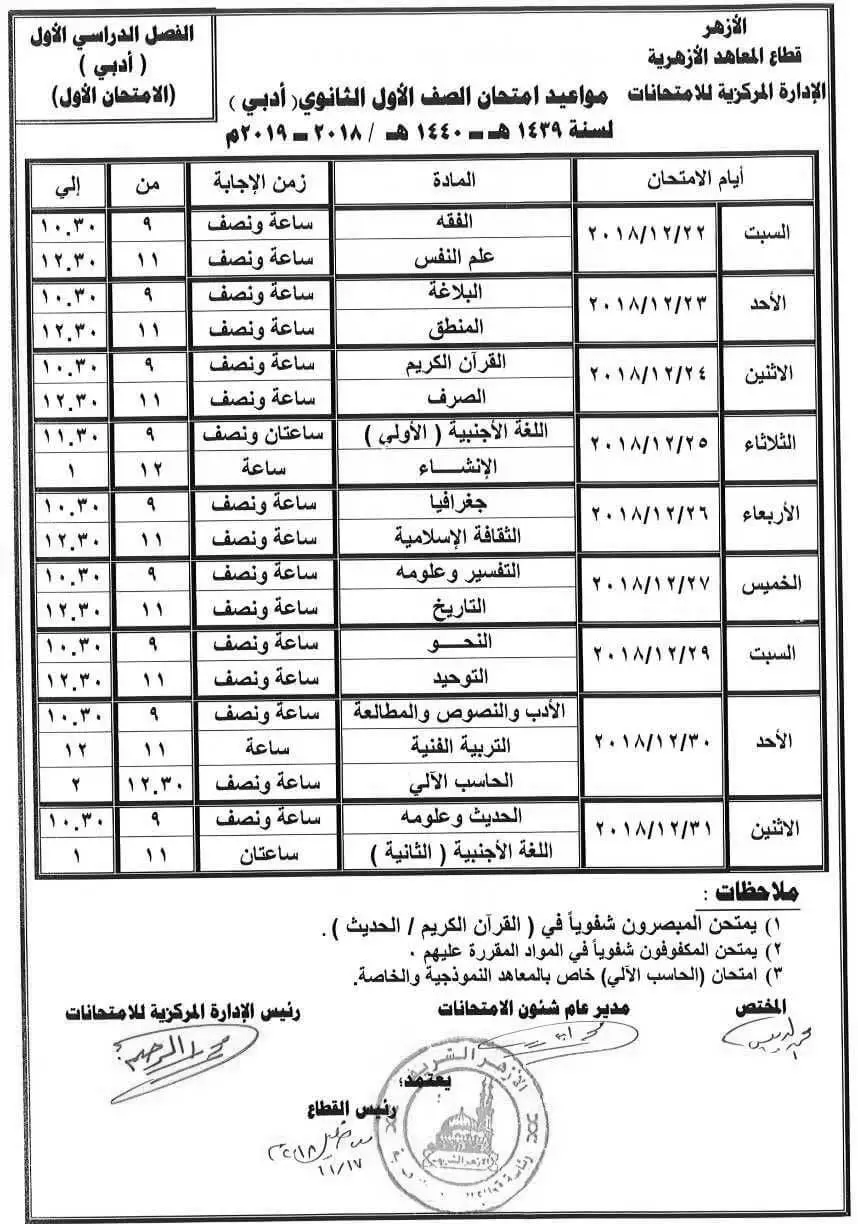 جدول امتحانات الازهر الصف الأول الثانوي 2018/2019