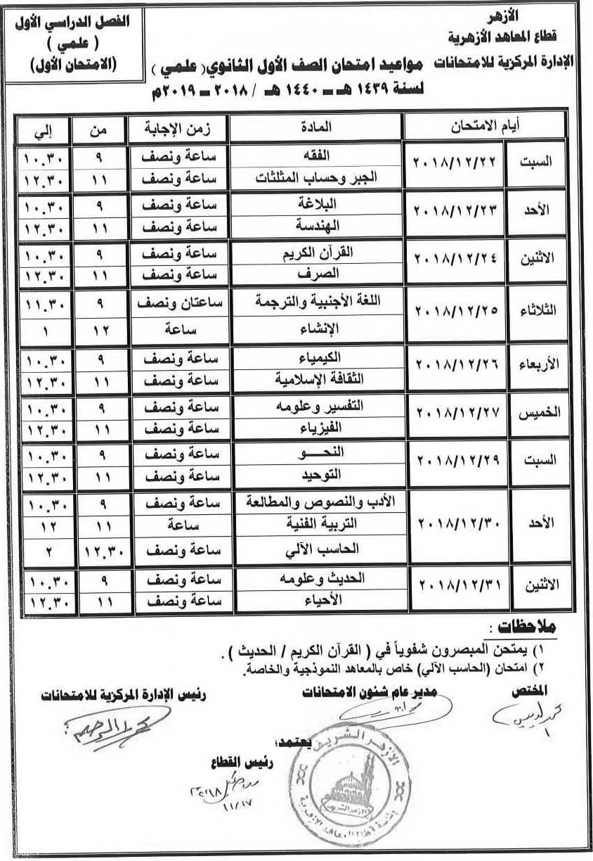 جدول امتحانات الازهر الصف الأول الثانوي 2018/2019