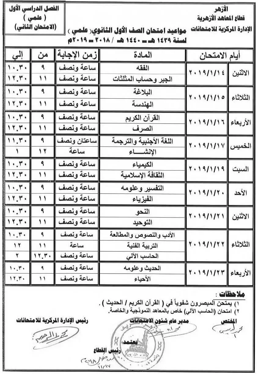 جدول امتحانات الازهر الصف الأول الثانوي 2018/2019