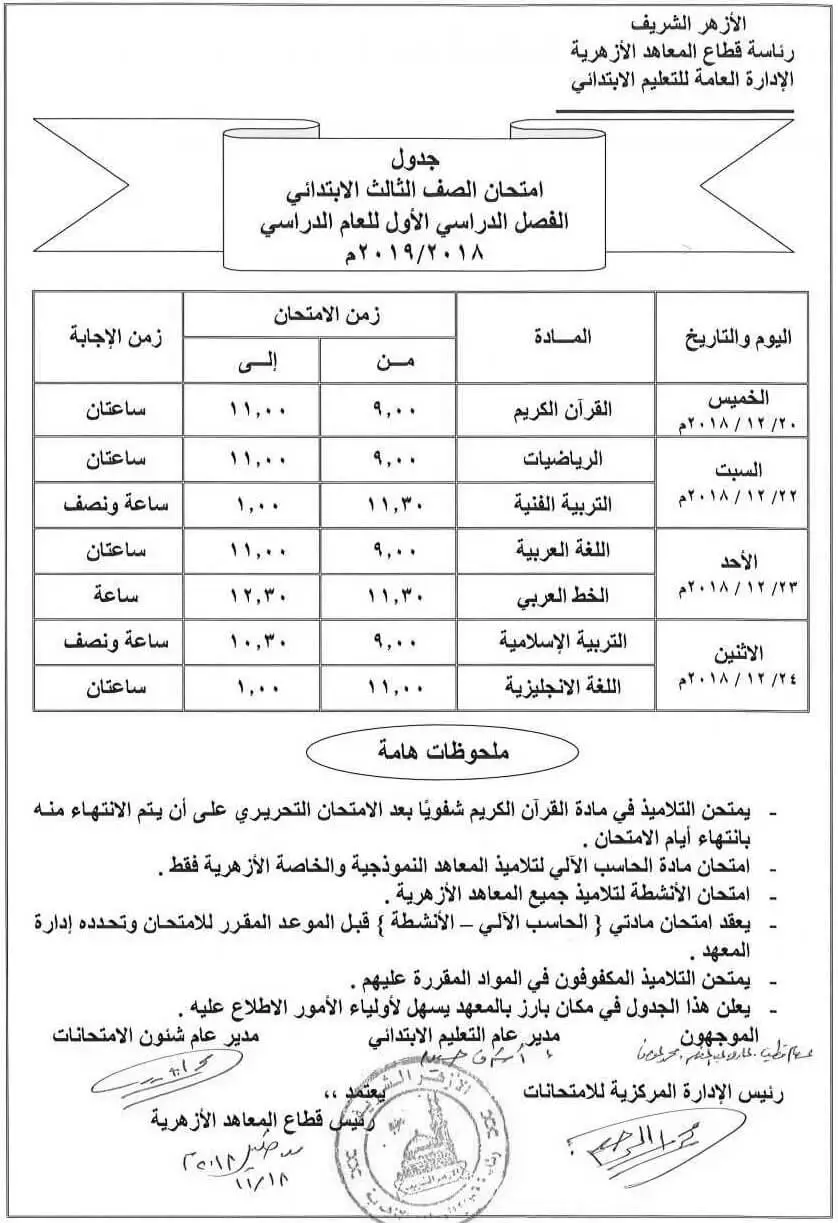جدول امتحانات الازهر الصف الثالث الإبتدائي 2018