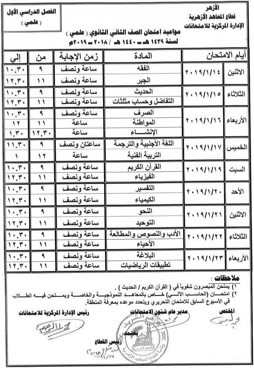 جدول امتحانات الازهر الصف الثاني الثانوي 2018