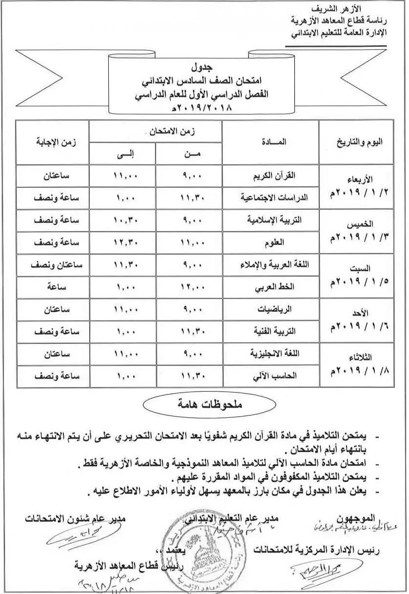 جدول امتحانات الشهادة الإبتدائية بالأزهر 2018