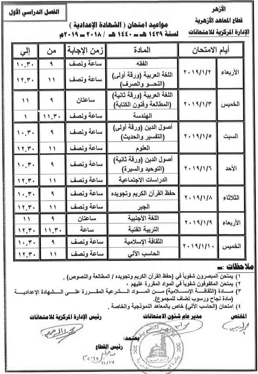 جدول امتحانات الشهادة الإعدادية الأزهرية 2018