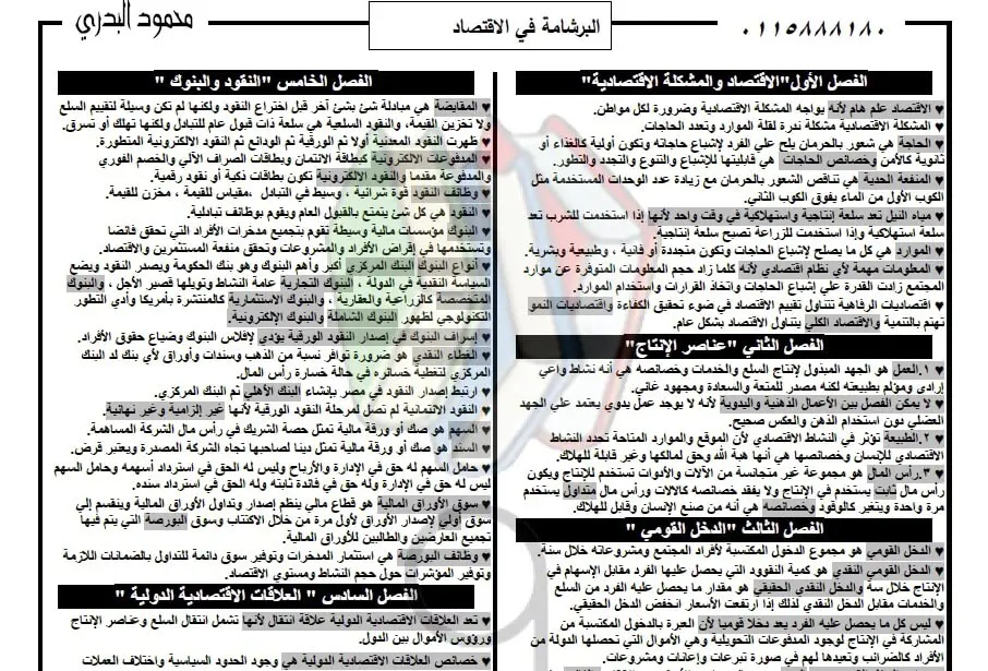 ملخص الاقتصاد للثانوية العامة