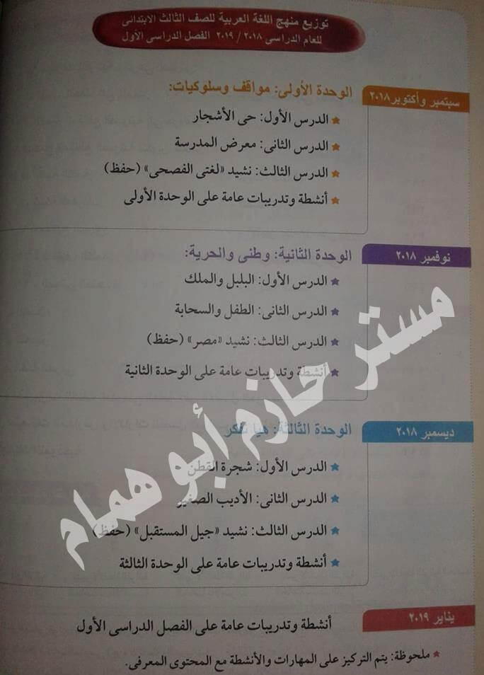 توزيع منهج اللغة العربية للصف الثالث الإبتدائي