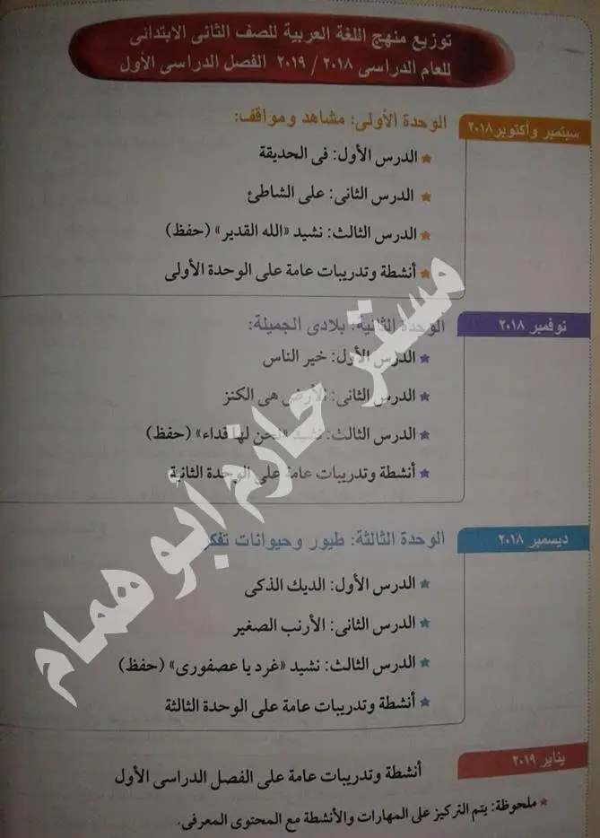 توزيع منهج اللغة العربية للصف الثاني الإبتدائي