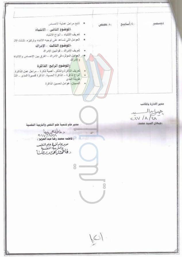 توزيع منهج علم النفس للصف الثاني الثانوي الترم الأول