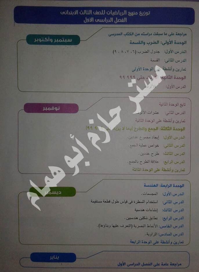 توزيع منهج الرياضيات للصف الثالث الإبتدائي