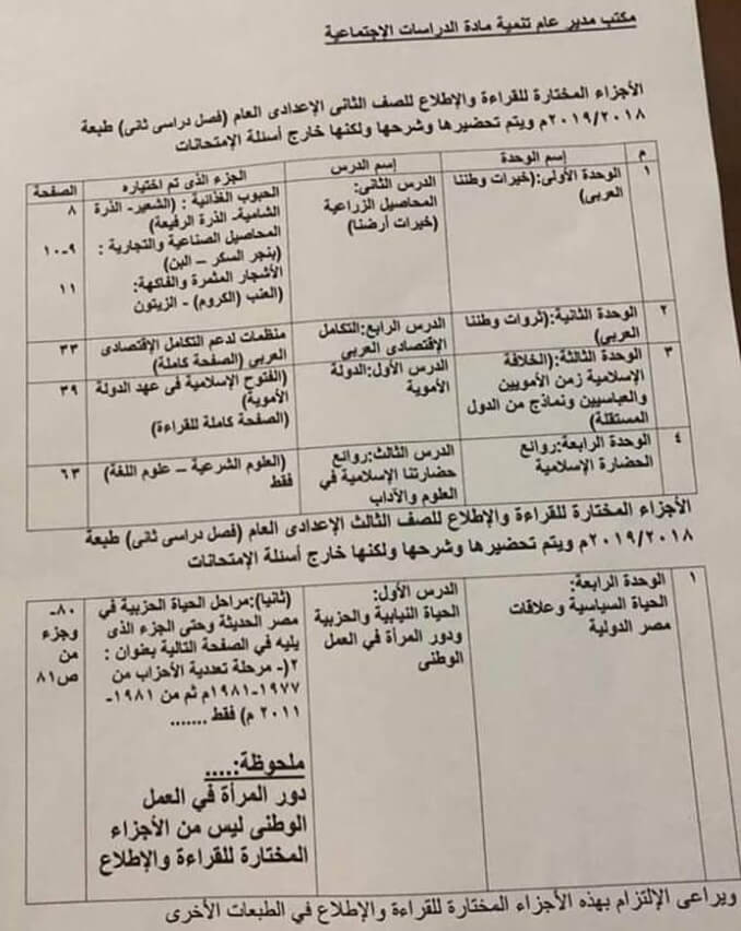 الدروس المحذوفة للصف الثاني والثالث الإعدادي دراسات