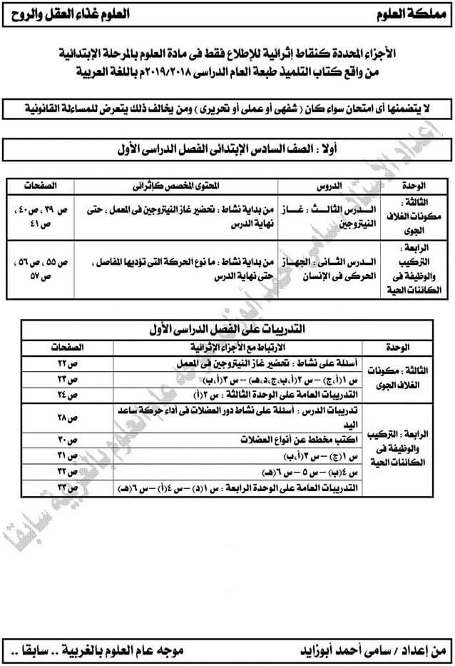 الدروس المحذوفة والملغية من مادة العلوم للصف السادس الإبتدائي