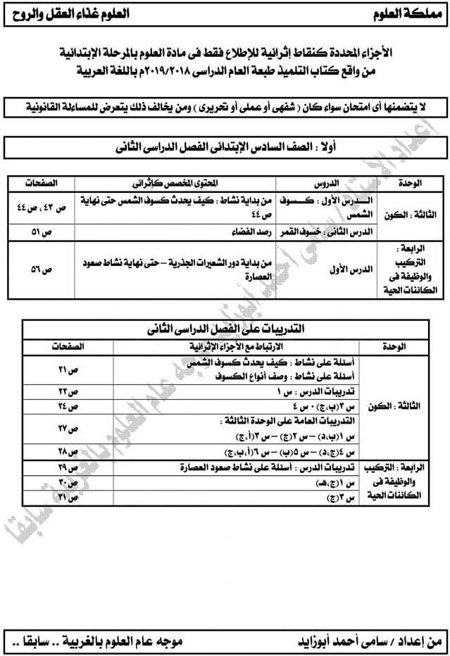 الدروس المحذوفة والملغية من مادة العلوم للصف السادس الإبتدائي