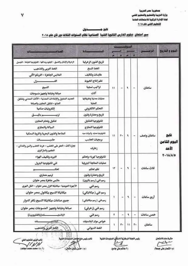 جدول امتحانات الدبلومات الفنية الدور الثاني