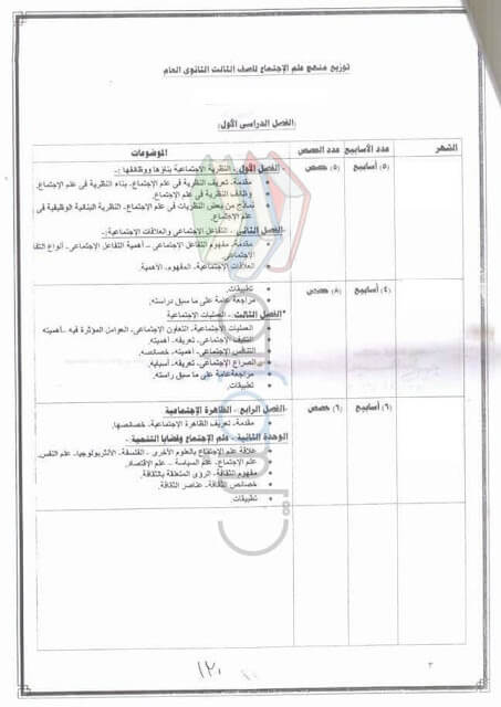 توزيع منهج علم الإجتماع للثانوية العامة الترم الأول