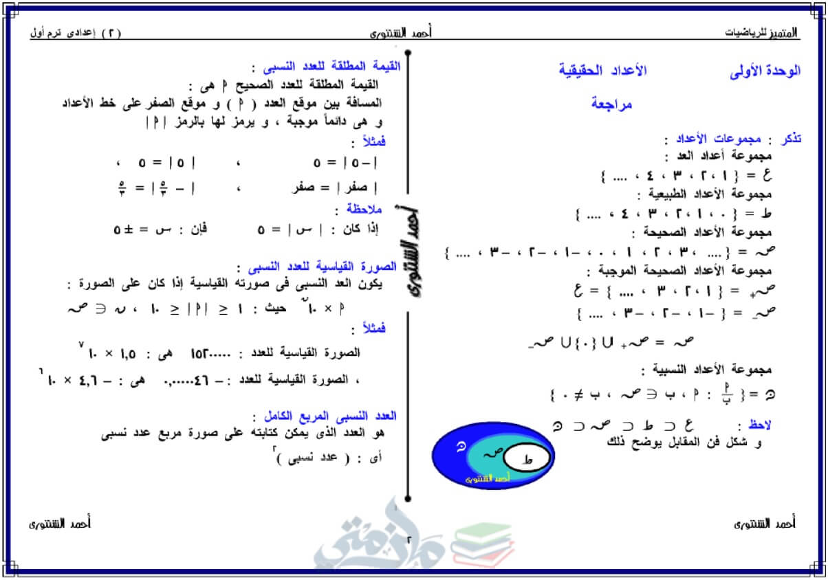 مذكرة رياضيات للصف الثاني الإعدادي الترم الأول