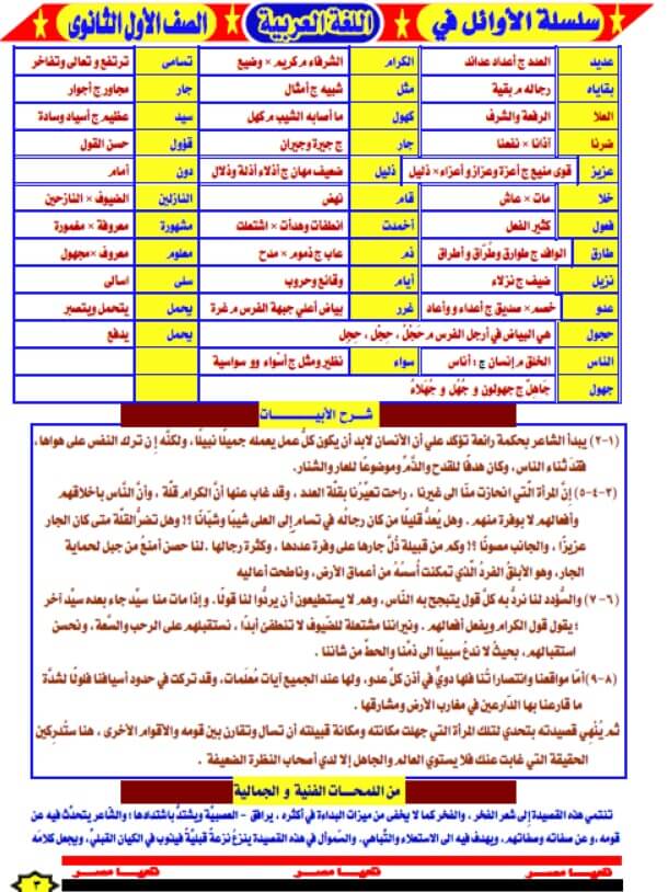 مذكرة شرح منهج اللغة العربية للصف الاول الثانوي