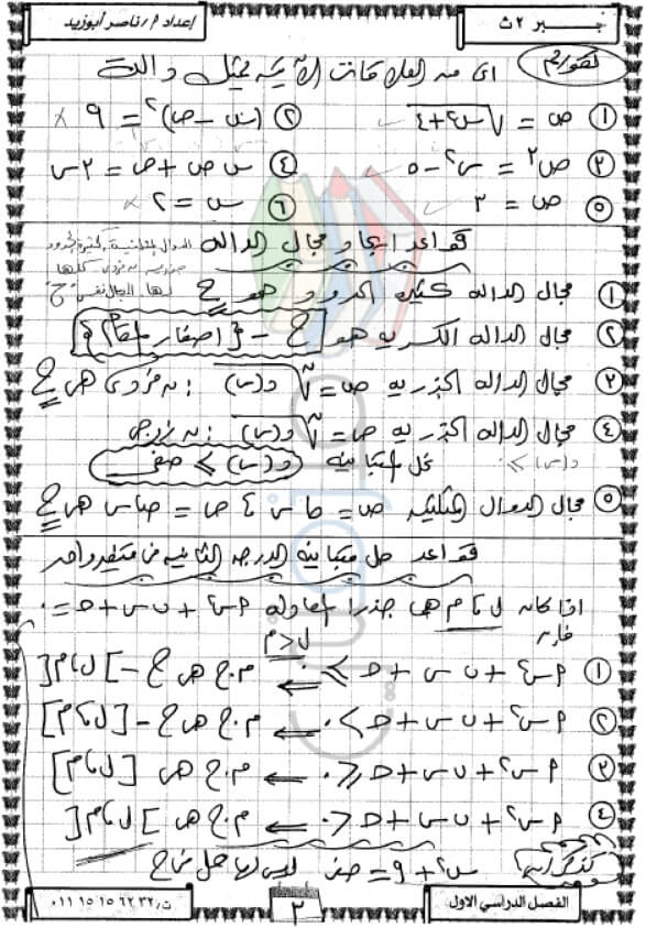 ملخص الجبر للصف الثاني الثانوي ترم اول