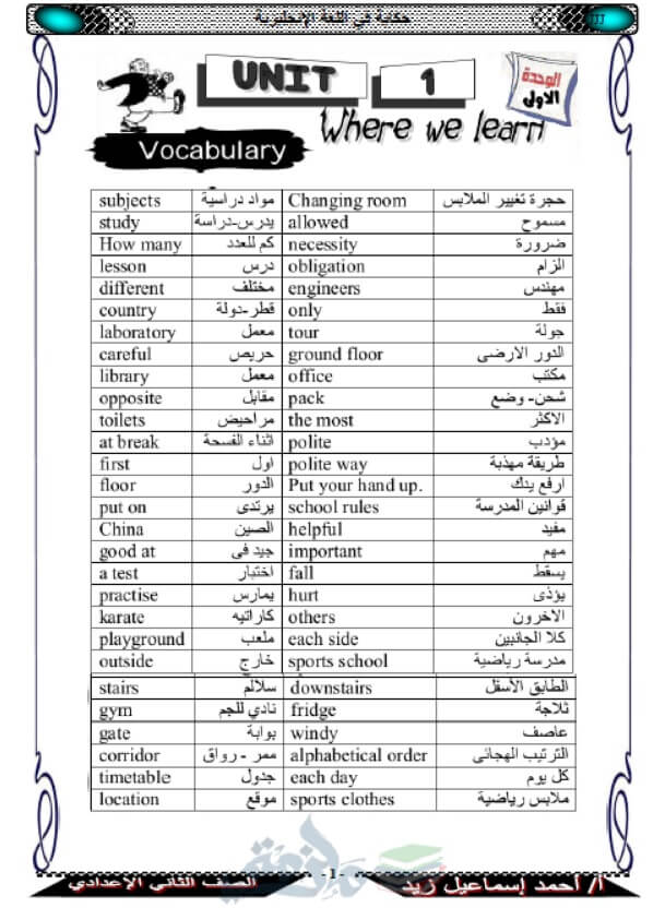 ملزمة انجليزي للثاني الإعدادي ترم اول