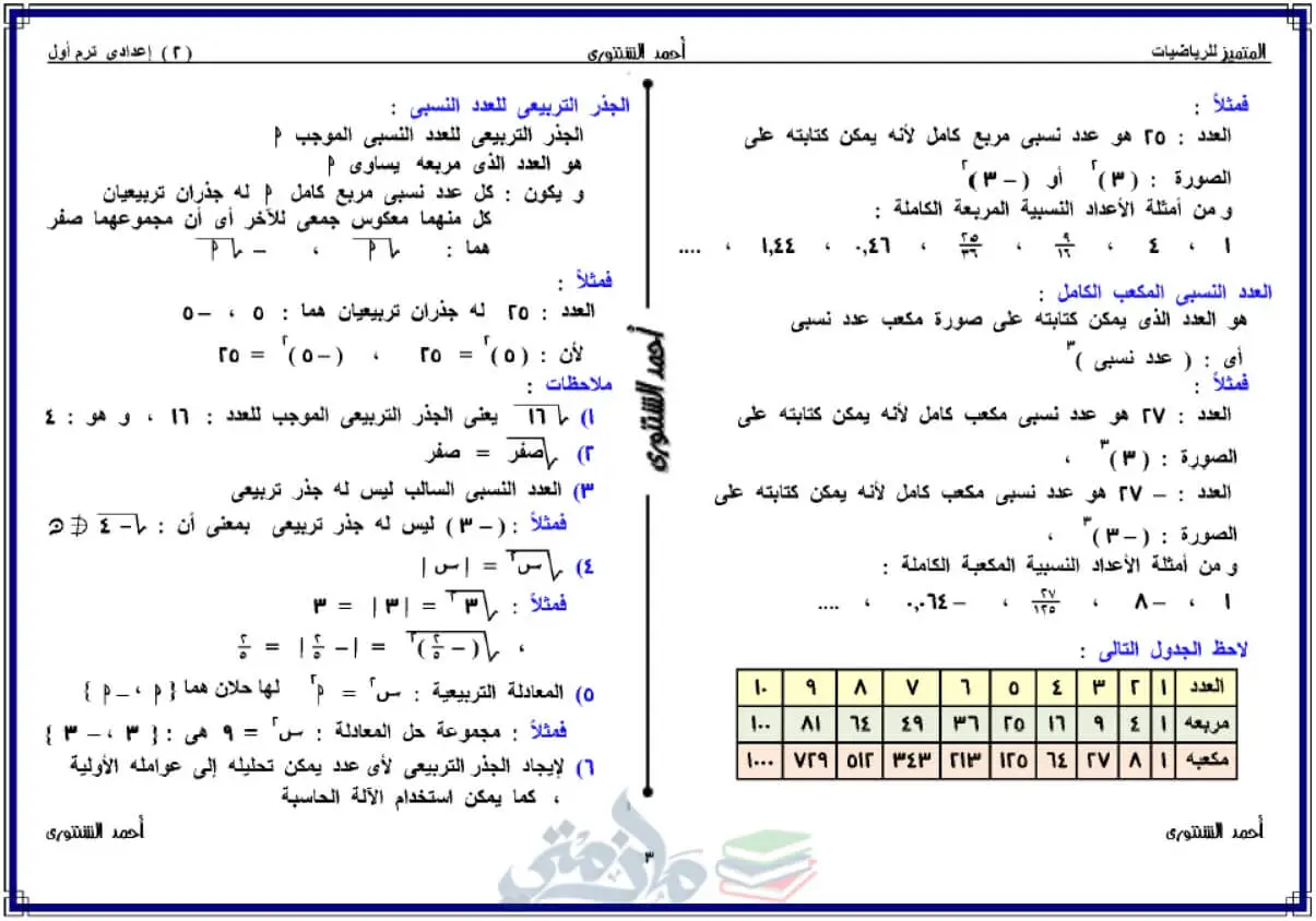 مذكرة رياضيات للصف الثاني الإعدادي الترم الأول
