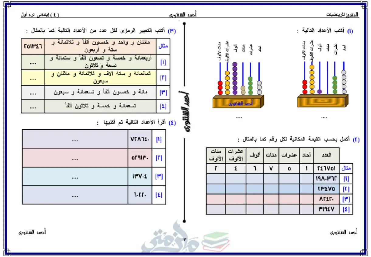 مذكرة رياضيات للصف الرابع الإبتدائي الترم الأول