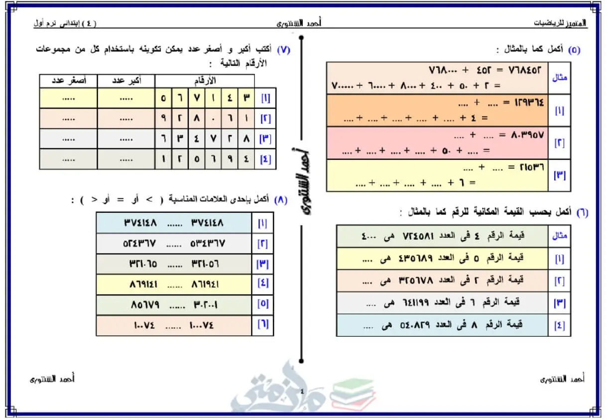 مذكرة رياضيات للصف الرابع الإبتدائي الترم الأول