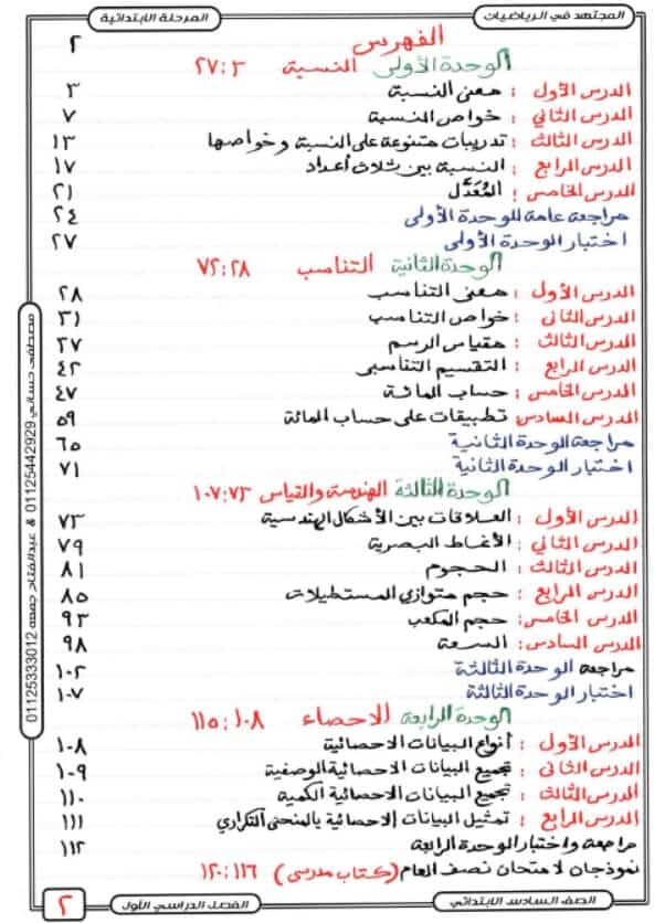 مذكرة رياضيات للصف السادس الإبتدائي الترم الأول