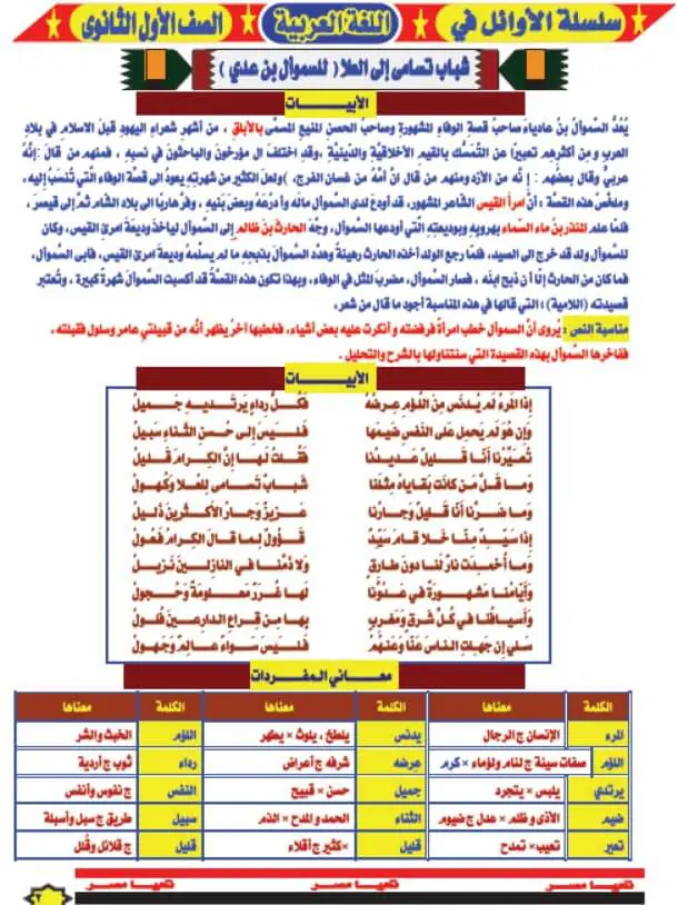 مذكرة شرح منهج اللغة العربية للصف الاول الثانوي