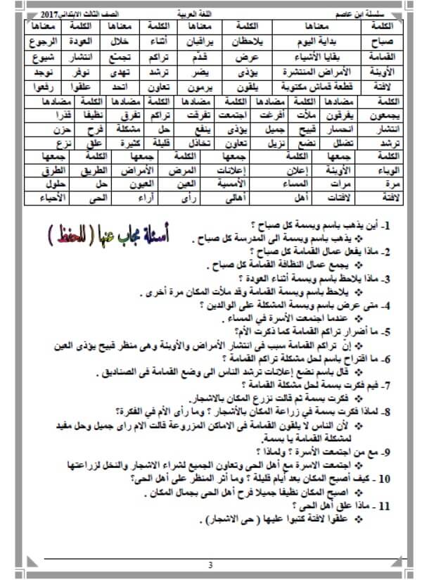 منهج اللغة العربية للصف الثالث الابتدائى الترم الثانى 2019