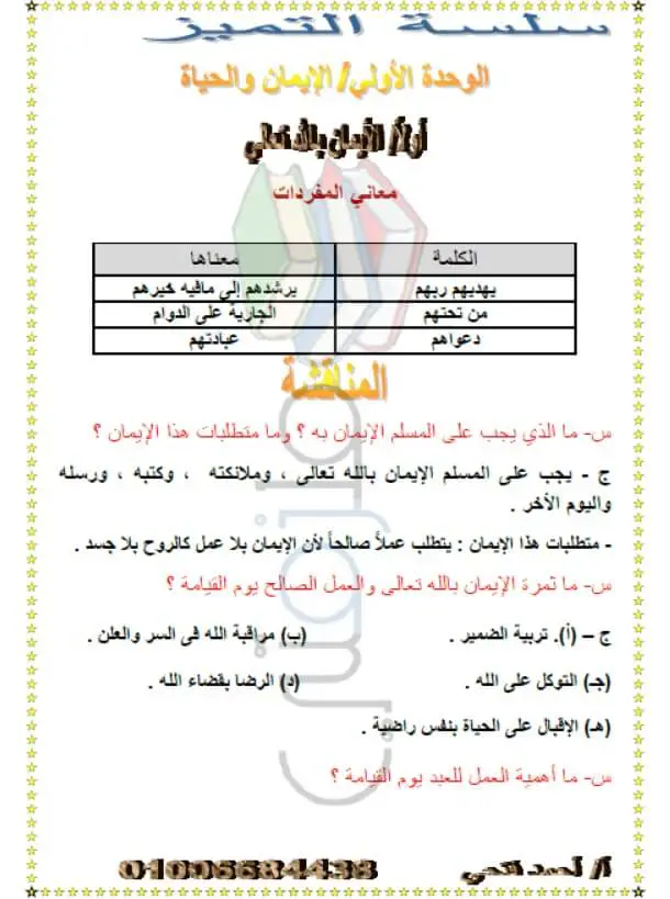 ملزمة دين اسلامي للصف الثاني الثانوي ترم اول