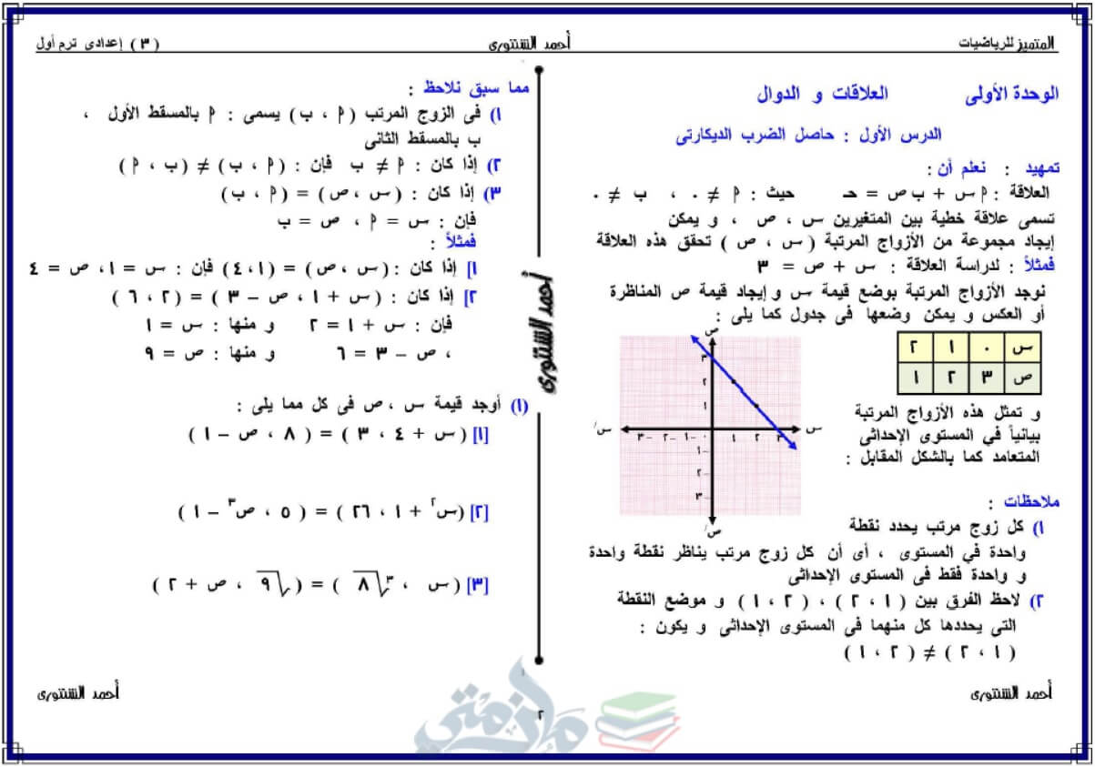 ملزمة رياضيات للصف الثالث الإعدادي الترم الأول