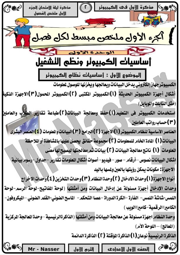 مراجعة ليلة الامتحان حاسب آلي للصف الأول الإعدادي