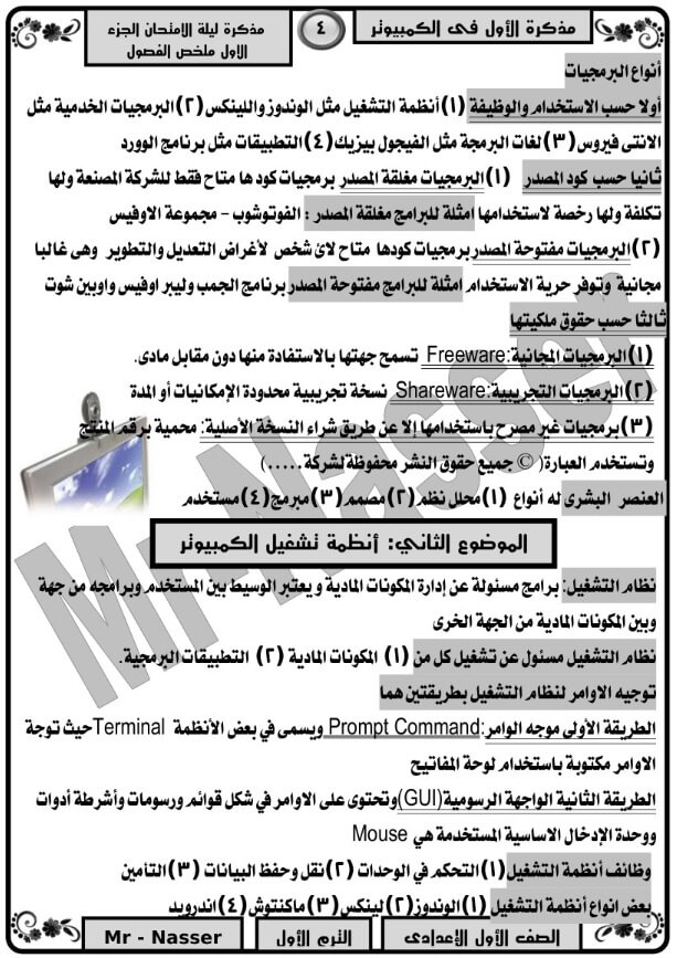 مراجعة ليلة الامتحان حاسب آلي للصف الأول الإعدادي