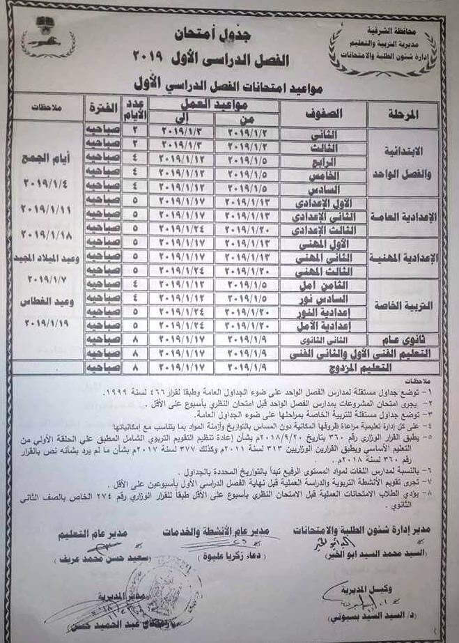 جدول امتحانات الترم الاول 2019 محافظة الشرقية