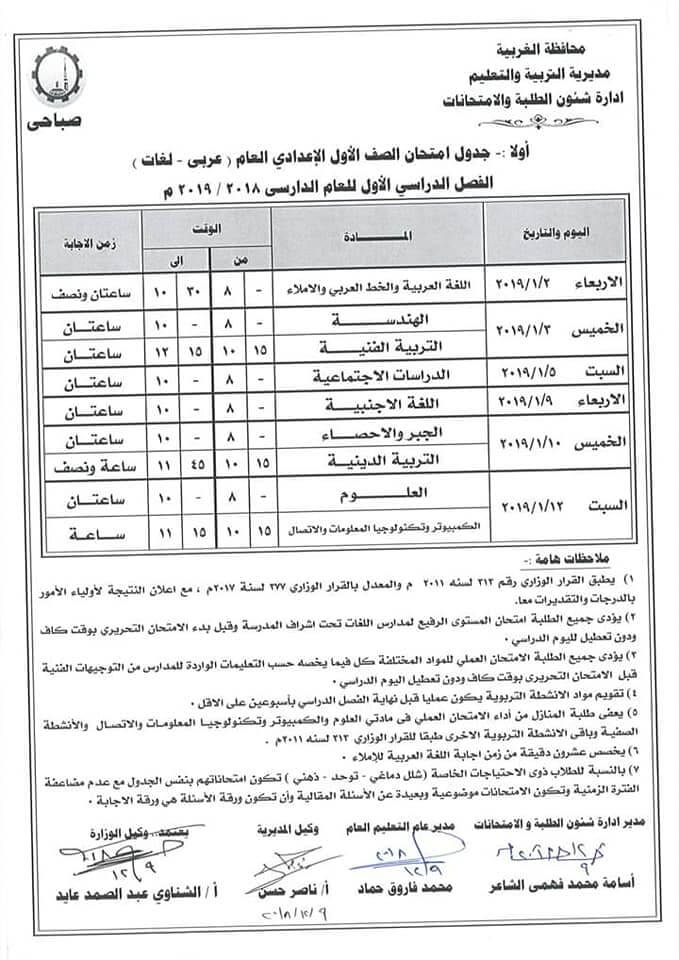جدول امتحانات الصف الاول الاعدادي الترم الاول 2019 محافظة الغربية