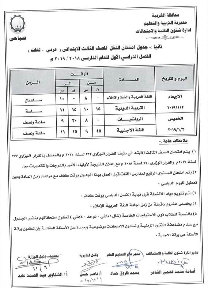 جدول امتحانات الصف الثالث الابتدائي الترم الاول 2019 محافظة الغربية