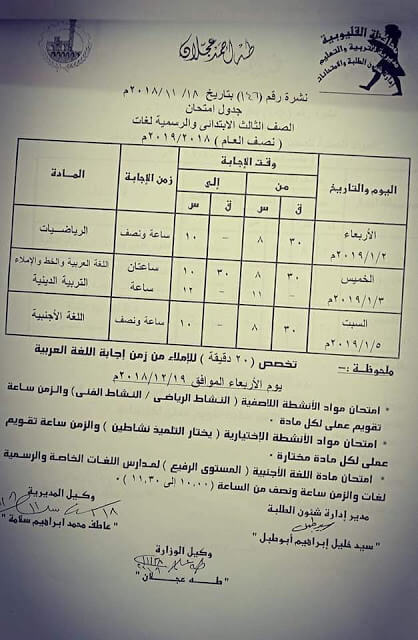 جدول امتحانات الصف الثالث الابتدائي الترم الاول 2019 محافظة القليوبية