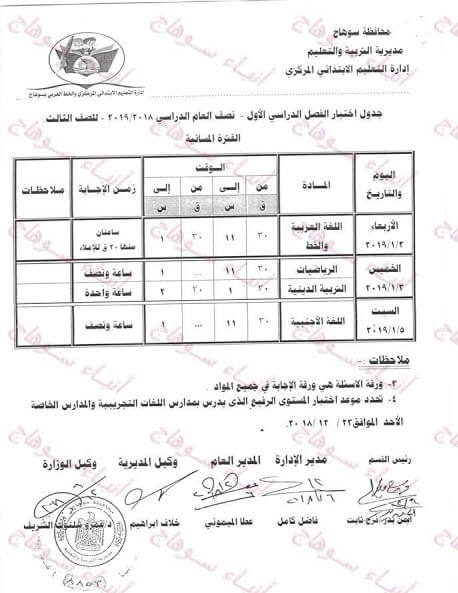 جدول امتحانات الصف الثالث الابتدائي الترم الاول 2019 محافظة سوهاج