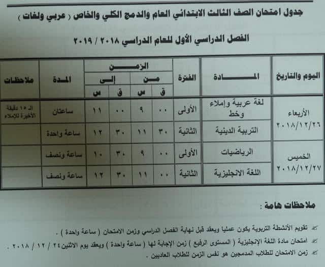 جدول امتحانات الصف الثالث الابتدائي الترم الاول 2019 محافظة مطروح