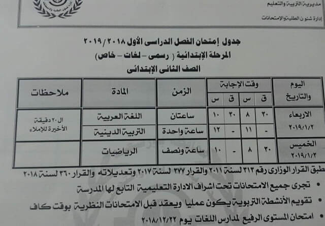 جدول امتحانات الصف الثاني الابتدائي الترم الاول 2019 محافظة بورسعيد