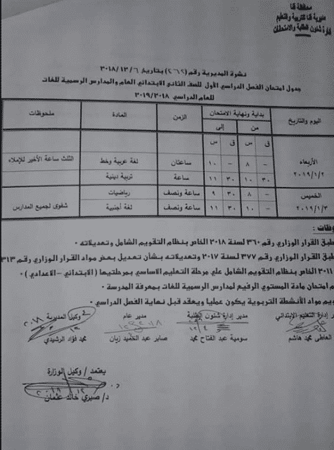 جدول امتحانات الصف الثاني الابتدائي الترم الاول 2019 محافظة قنا