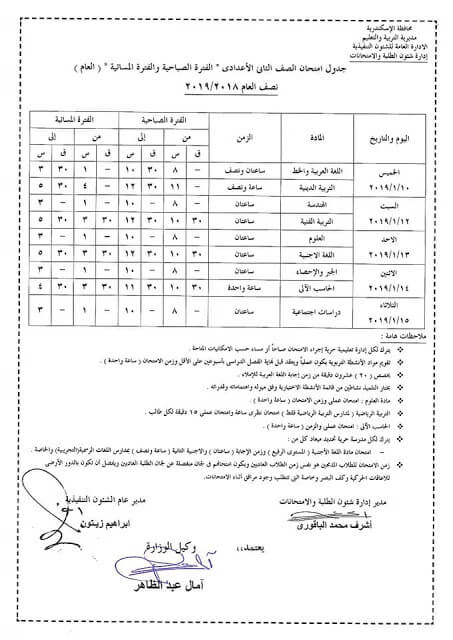 جدول امتحانات الصف الثاني الاعدادي الترم الاول 2019 محافظة الاسكندرية