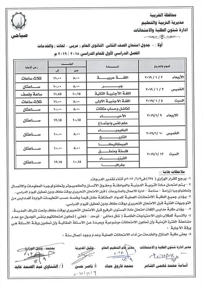 جدول امتحانات الصف الثاني الثانوي الترم الاول 2019 محافظة الغربية