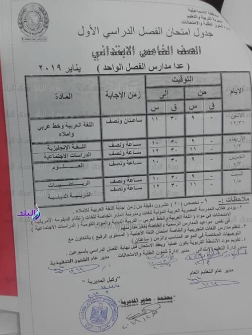 جدول امتحانات الصف الخامس الابتدائي الترم الاول 2019 محافظة الاسماعيلية