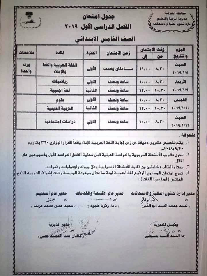 جدول امتحانات الصف الخامس الابتدائي الترم الاول 2019 محافظة الشرقية