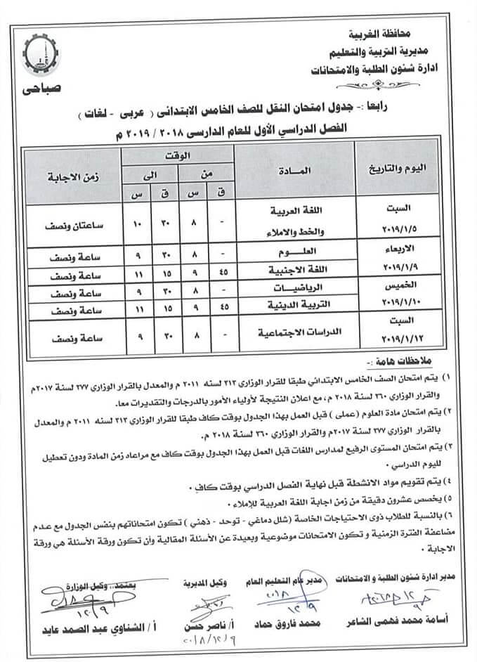 جدول امتحانات الصف الخامس الابتدائي الترم الاول 2019 محافظة الغربية