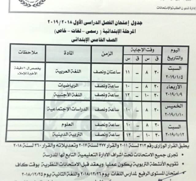 جدول امتحانات الصف الخامس الابتدائي الترم الاول 2019 محافظة بورسعيد