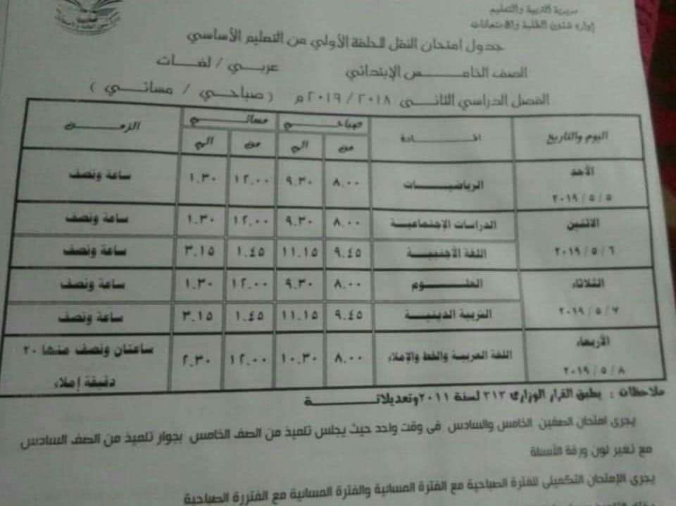 جدول امتحانات الصف الخامس الابتدائي الترم الثاني 2019 محافظة الدقهلية