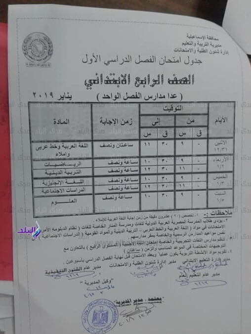 جدول امتحانات الصف الرابع الابتدائي الترم الاول 2019 محافظة الاسماعيلية